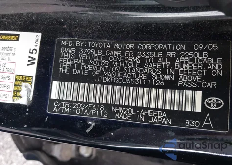 2005 Toyota Prius из США, поврежденный, VIN JTDKB20U653111126